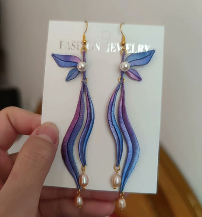 Elegant handmade Chanhua earrings with blue and purple ombre silk design and S925 silver hooks