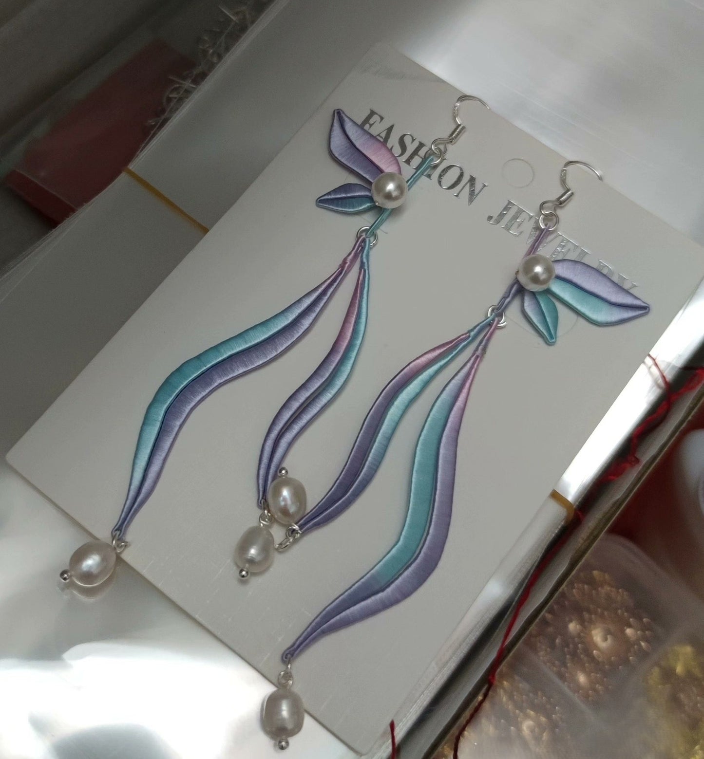 Handmade Chanhua Silk & Pearl Dangle Earrings | S925 Silver Hooks