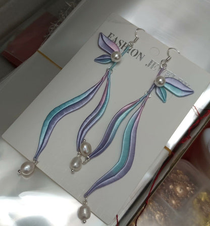 Handmade Chanhua Silk & Pearl Dangle Earrings | S925 Silver Hooks