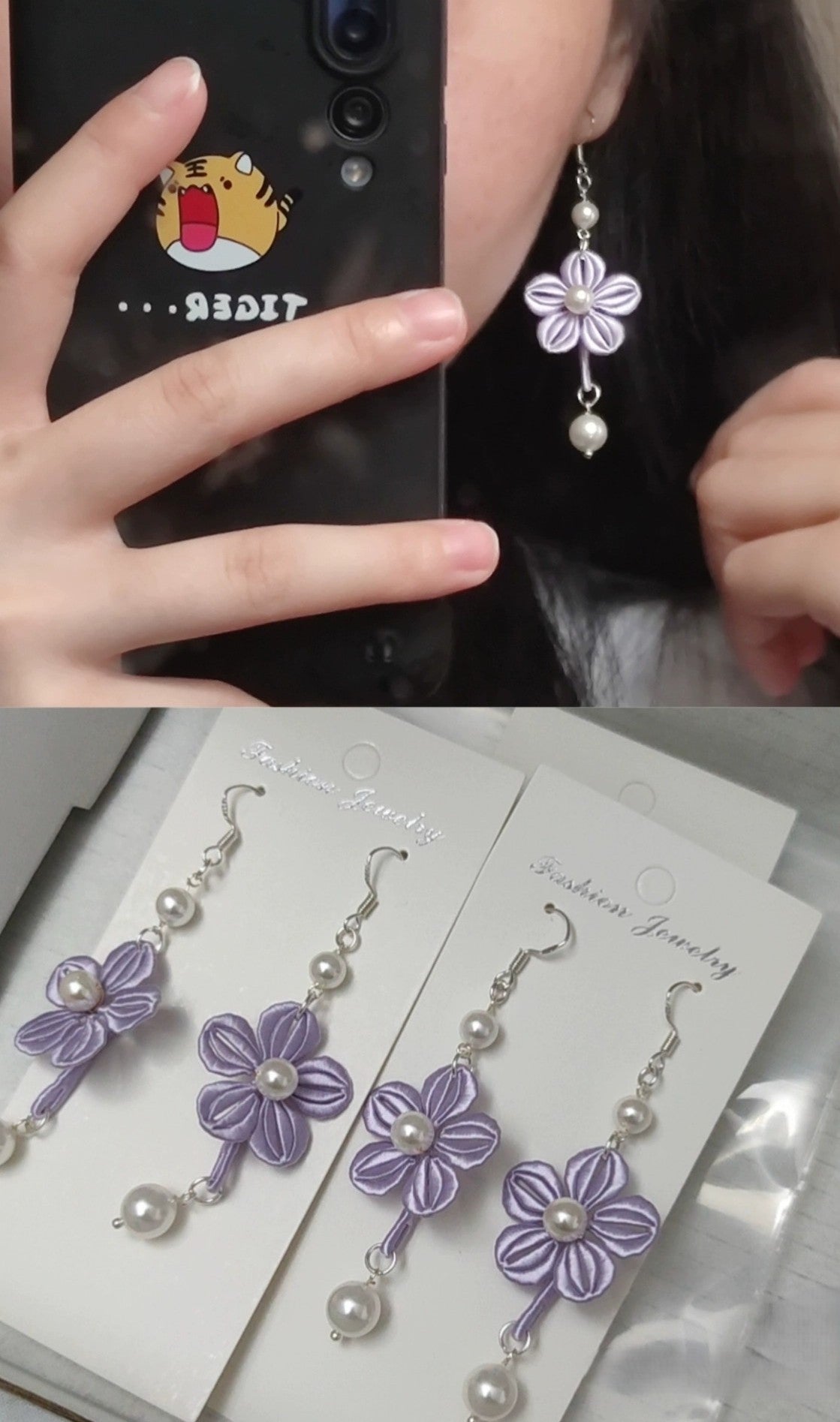 A product shot showing multiple pairs of handmade lavender Chanhua flower and pearl earrings on display cards.