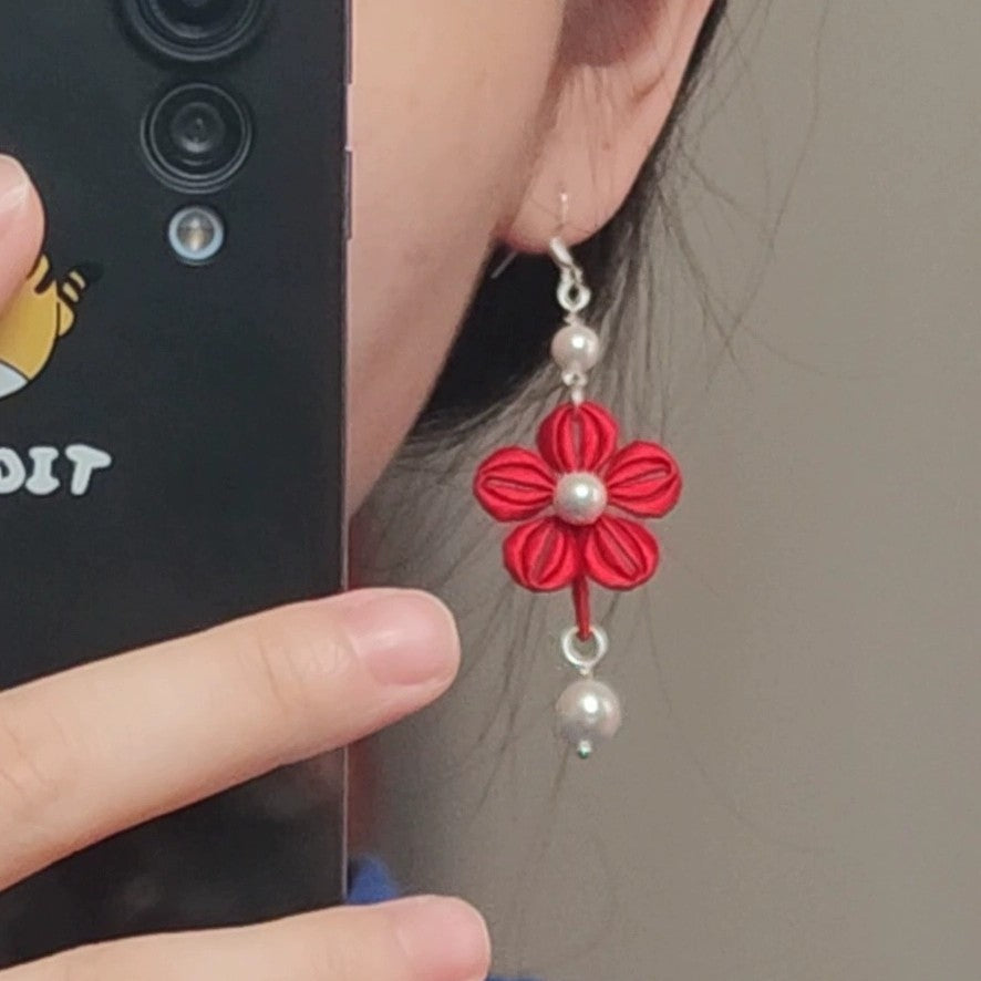 Handmade Chanhua Flower & Pearl Earrings - 925 Silver Hooks