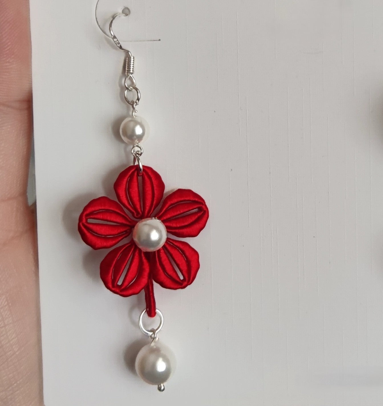 Handmade Chanhua Flower & Pearl Earrings - 925 Silver Hooks