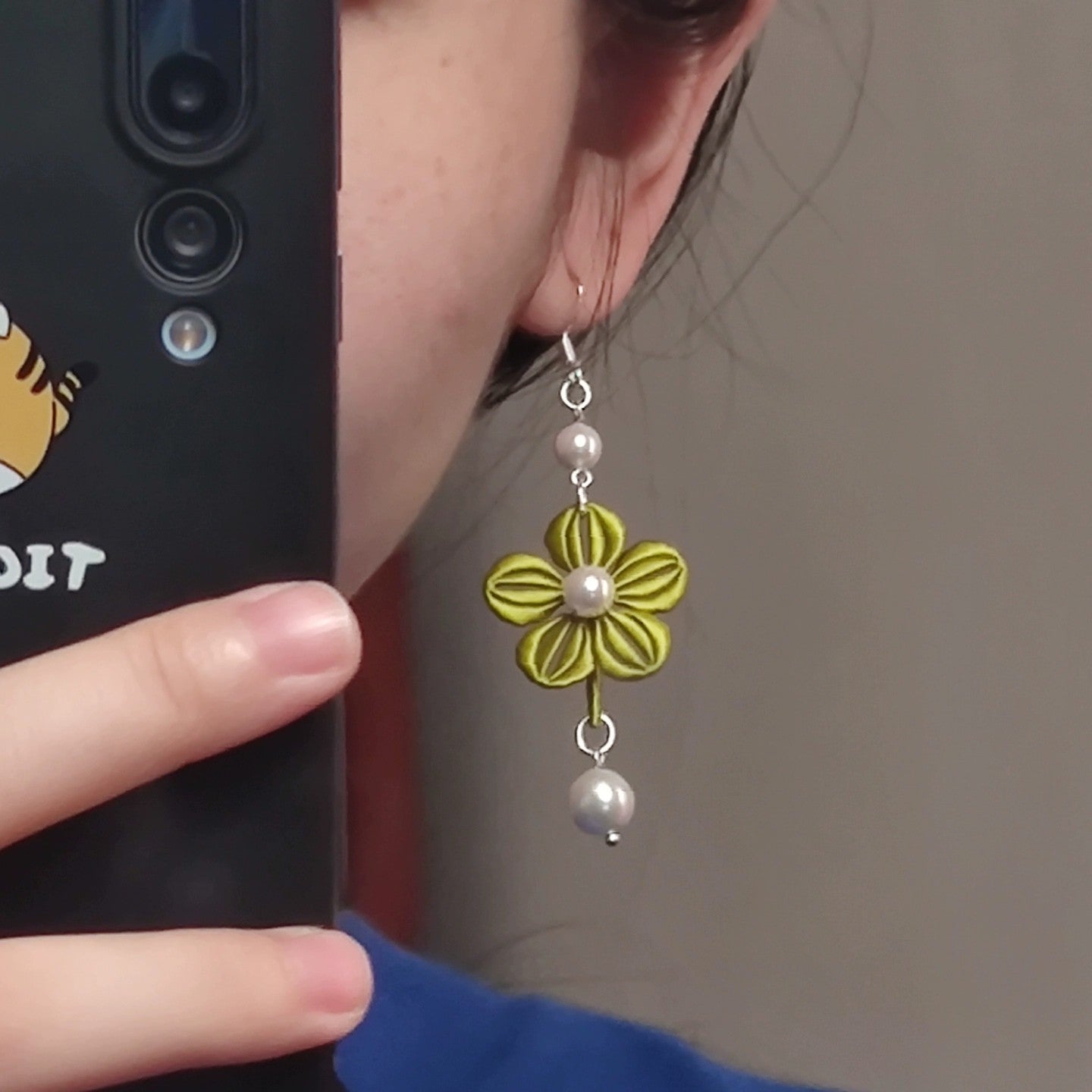 Handmade Chanhua Flower & Pearl Earrings - 925 Silver Hooks