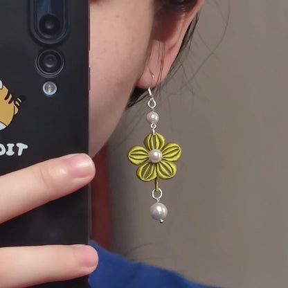 Handmade Chanhua Flower & Pearl Earrings - 925 Silver Hooks