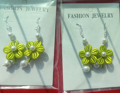 Handmade Chanhua Flower & Pearl Earrings - 925 Silver Hooks