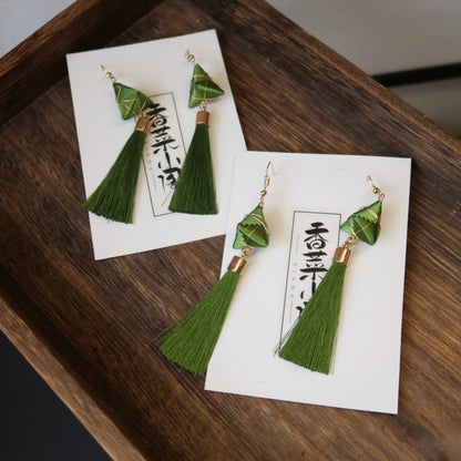 Handmade Zongzi-Inspired Tassel Earrings - 925 Silver Hooks(Chanhua)