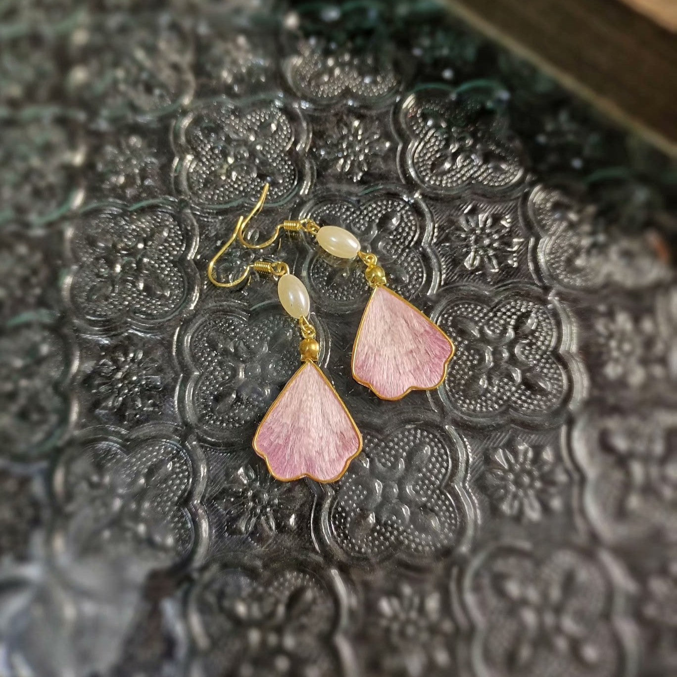 Handmade Silk Ronghua Petal Dangle Earrings with Pearl Accent