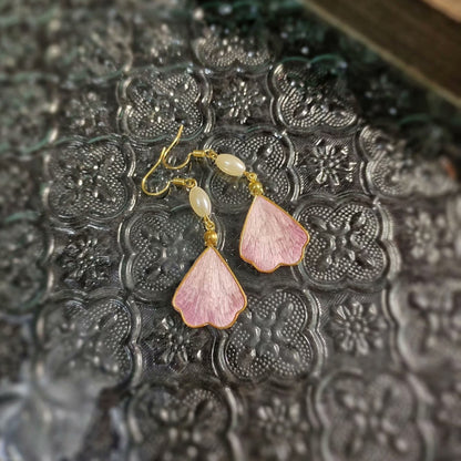 Handmade Silk Ronghua Petal Dangle Earrings with Pearl Accent