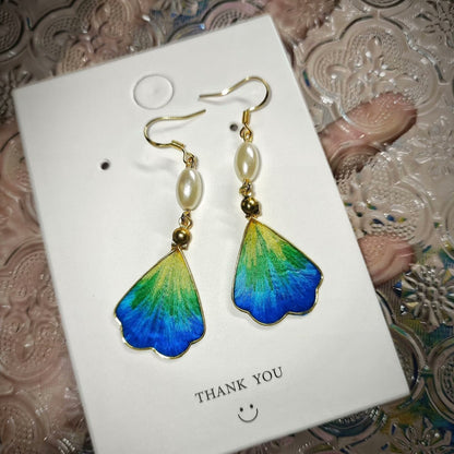 Vibrant blue and green gradient handmade silk petal earrings, showcasing the traditional Ronghua craft.