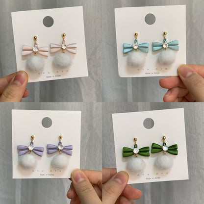 Handmade Chanhua Bow with Pom Pom Earrings - Thread Bow Drop Earrings