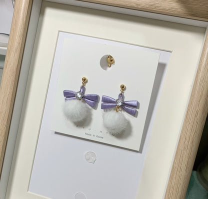 Handmade Chanhua Bow with Pom Pom Earrings - Thread Bow Drop Earrings