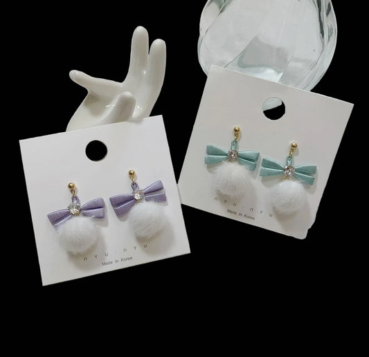 Handmade Chanhua Bow with Pom Pom Earrings - Thread Bow Drop Earrings