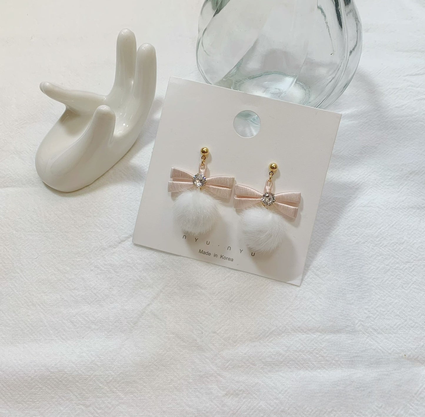 Handmade Chanhua Bow with Pom Pom Earrings - Thread Bow Drop Earrings