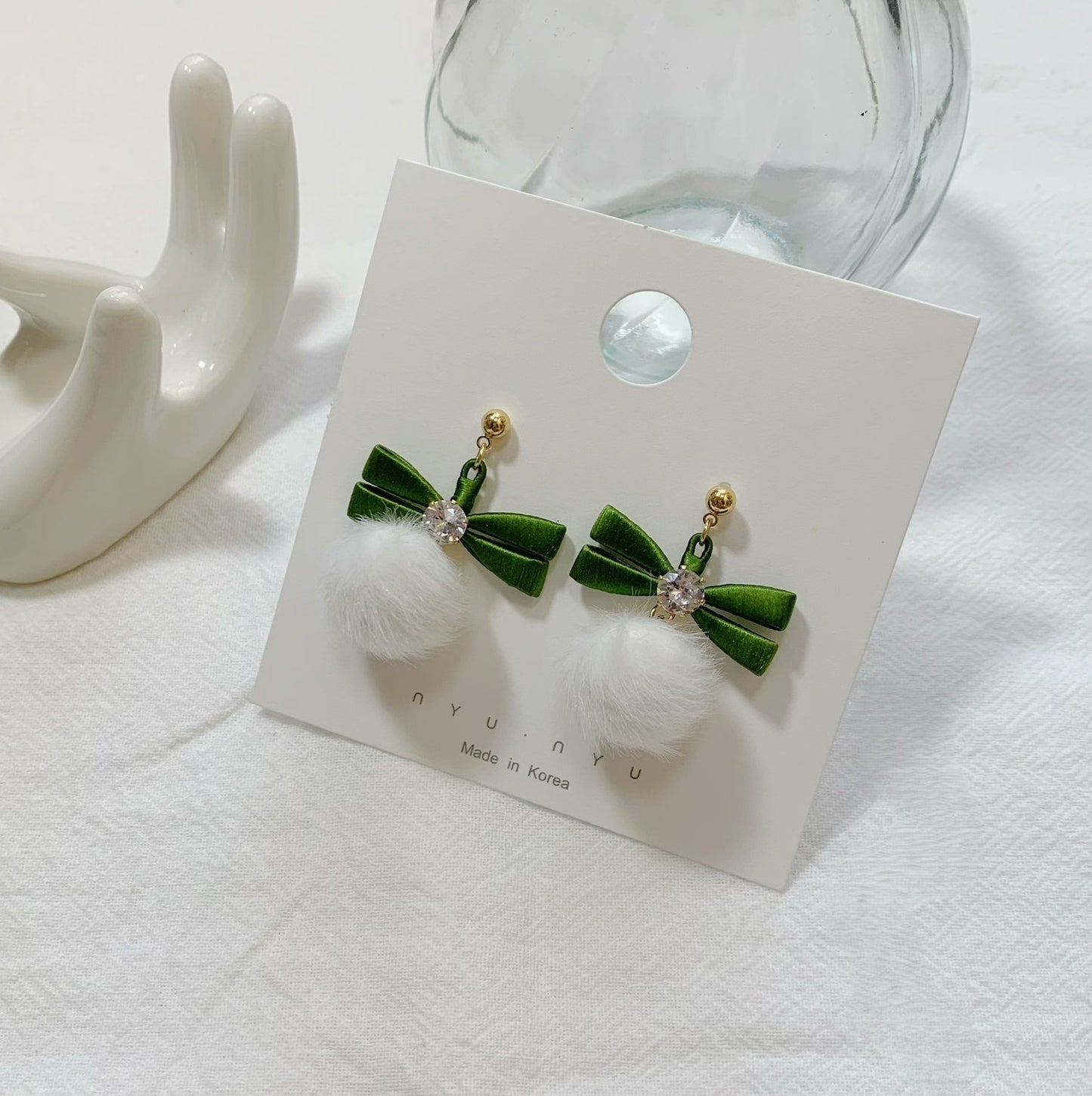 Handmade Chanhua Bow with Pom Pom Earrings - Thread Bow Drop Earrings