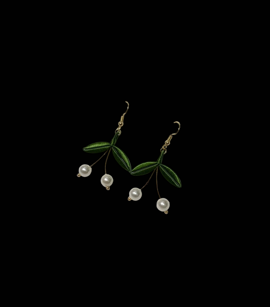 Handmade Chanhua Cherry with Pearl Earrings - Thread Leaf Drop Earrings