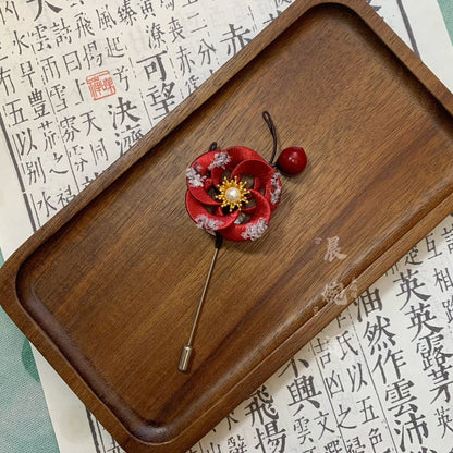 Handmade Chanhua Snow-Dusted Plum Blossom Brooch - Thread Flower Pin with Pearl