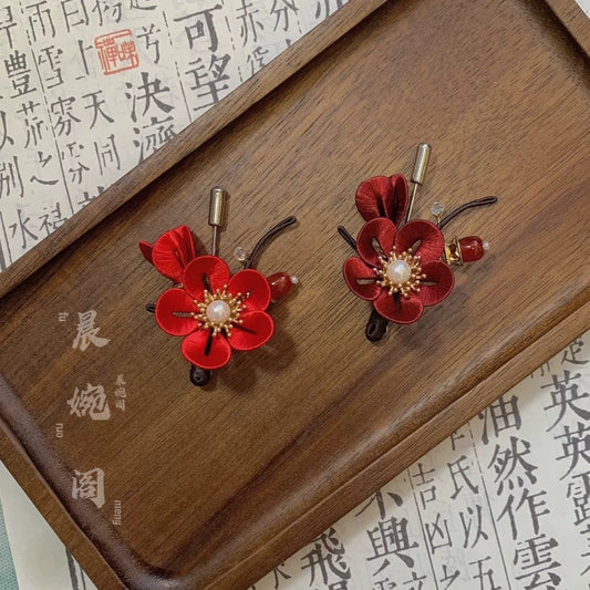 Handmade Chanhua Red Plum Blossom Brooch - Thread Flower Pin with Pearl