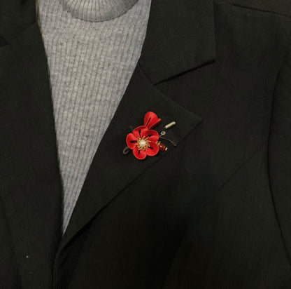 Handmade Chanhua Red Plum Blossom Brooch - Thread Flower Pin with Pearl