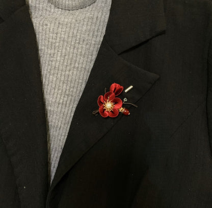 Handmade Chanhua Red Plum Blossom Brooch - Thread Flower Pin with Pearl