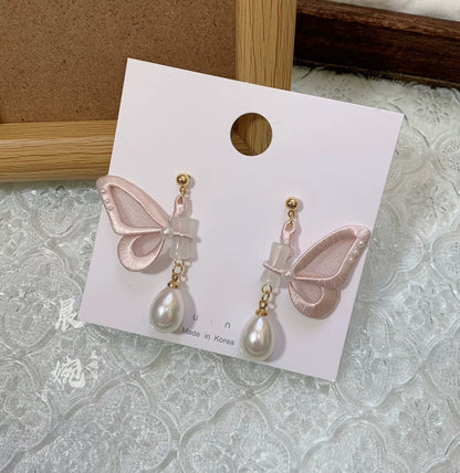 Handmade Chanhua Butterfly Stud Earrings - Thread Butterfly Pearl Drop Earrings