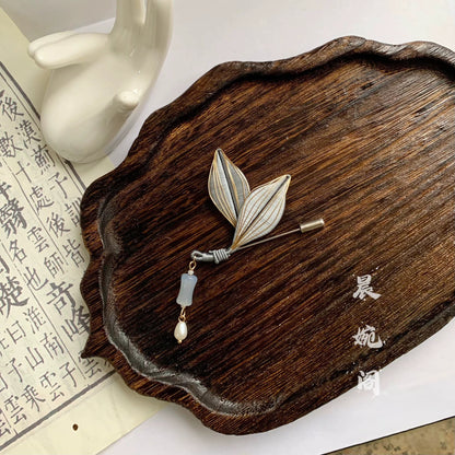 Handmade Chanhua Leaf Brooch - Thread Leaf Pin with Pearl Drop Accent