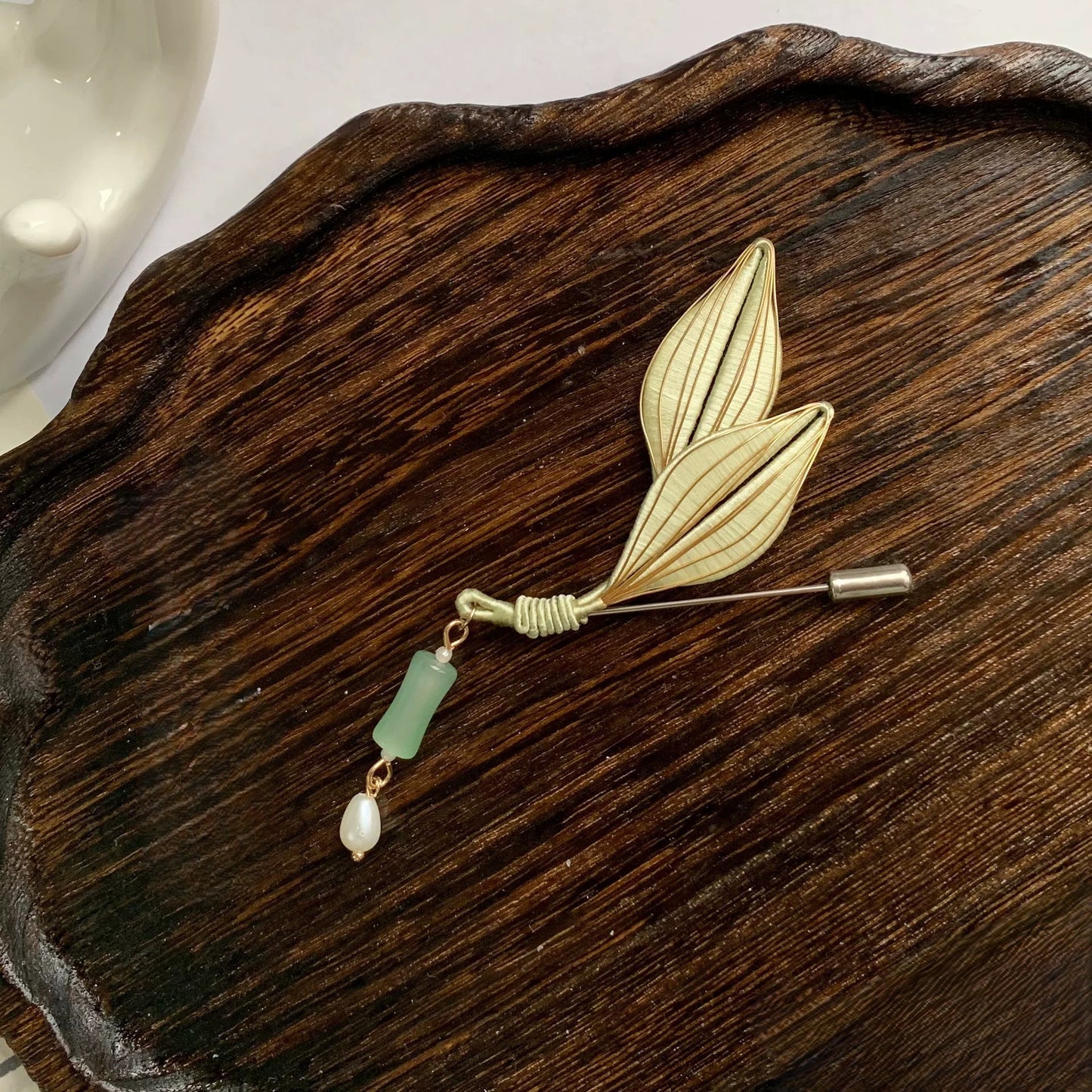 Handmade Chanhua Leaf Brooch - Thread Leaf Pin with Pearl Drop Accent