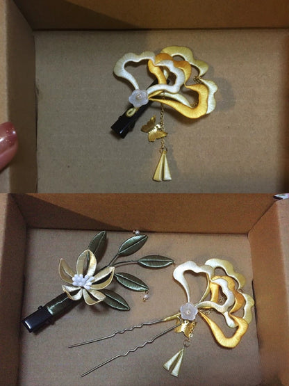 Handmade Chanhua Ginkgo Leaf Brooch - Thread Ginkgo Pin with Gold Accents