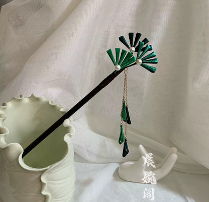 Handmade Chanhua Pine Branch Hairpin - Pearl & Tassel