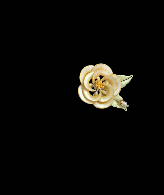Handmade Chanhua White Camellia Brooch - Gold Edge Flower with Pearl
