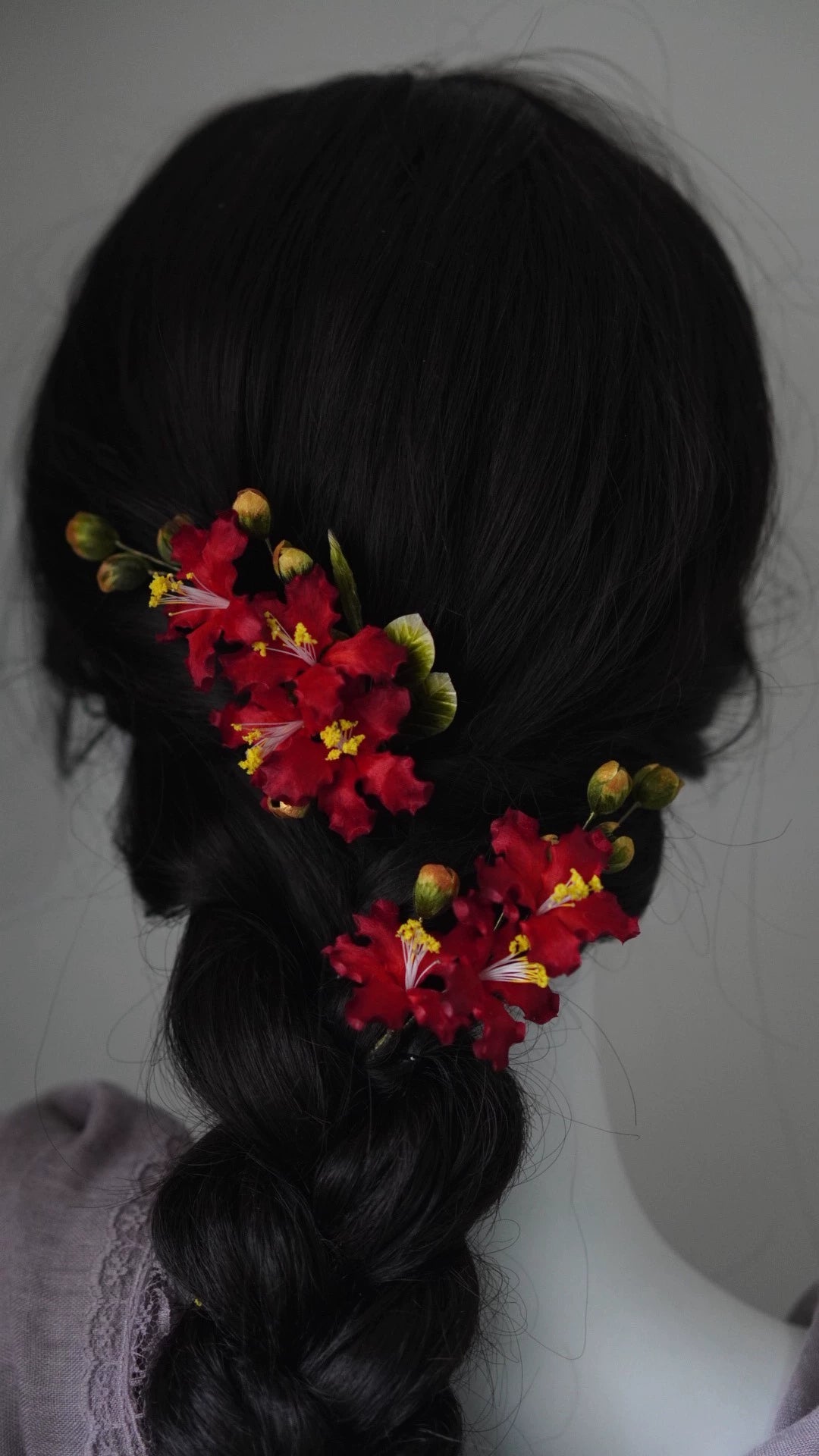 Handcrafted Red Crape Myrtle (Ziwei) Ronghua Silk Thread Hair Clips Set(2 Pcs)