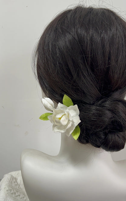 Handcrafted White Gardenia Ronghua Hair Pin | Mulberry Silk Floral Accessory