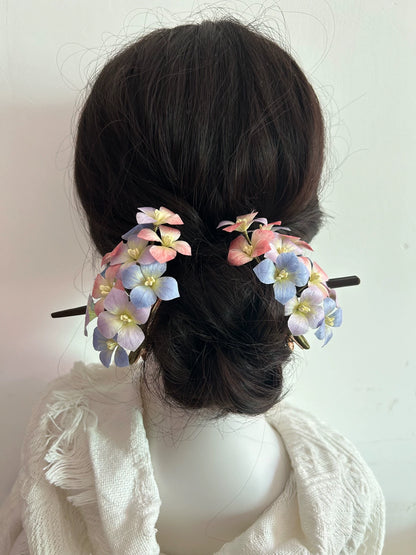 Handcrafted Silk Ronghua Hairpin - Blue & Pink Hydrangea Flower Hairpin (Pair)