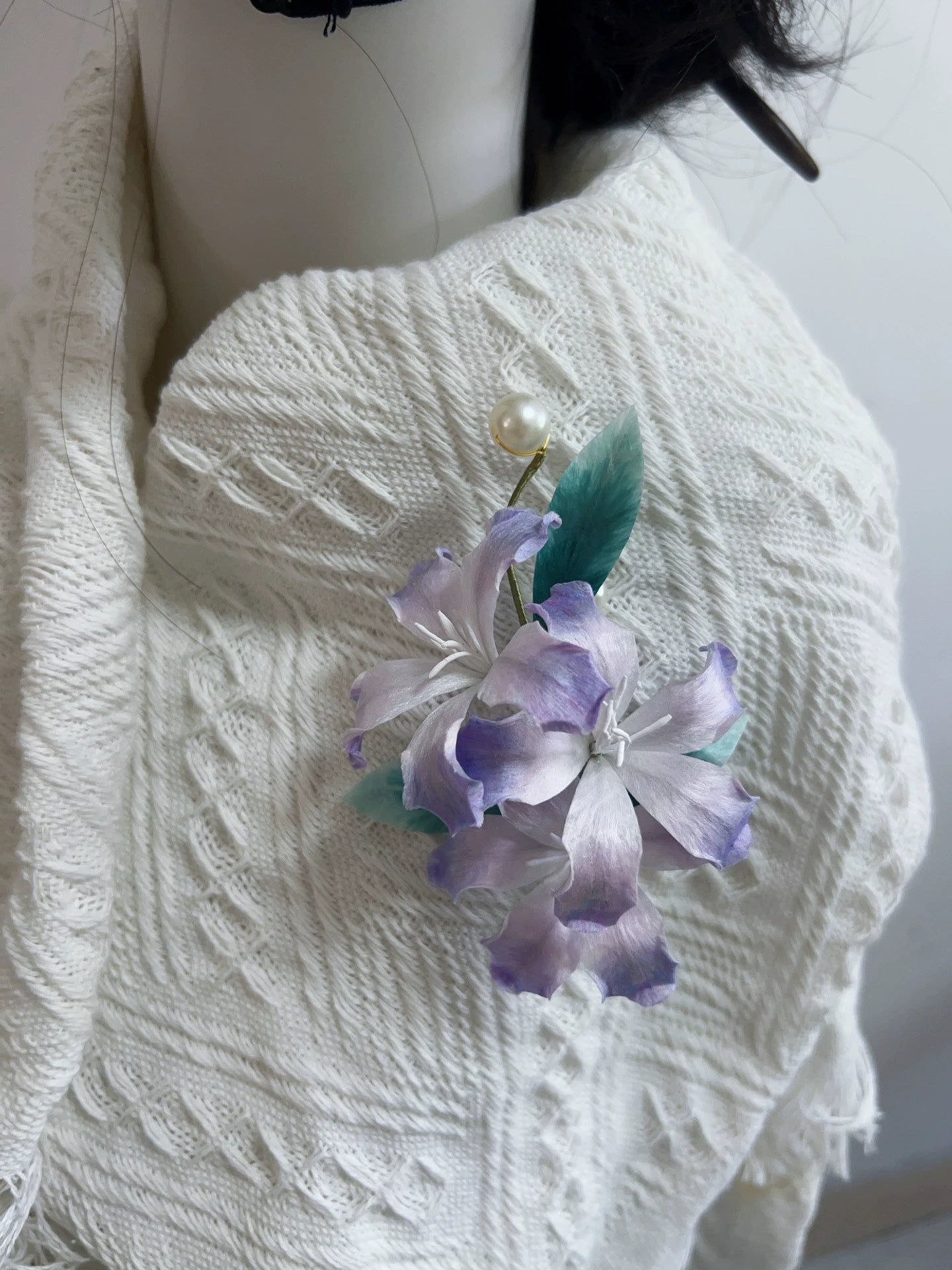 Handmade Light Purple Bauhinia Flower Silk Brooch Pinned on White Sweater