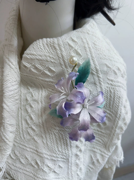 Handmade Light Purple Bauhinia Flower Silk Brooch Pinned on White Sweater