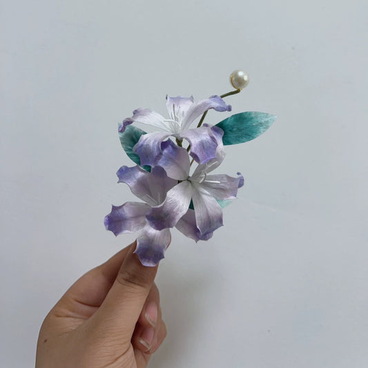 Handmade Light Purple Bauhinia Flower Silk Brooch Held in Hand with Pearl Accent