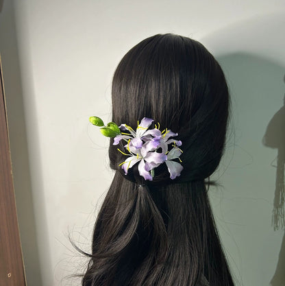 Handmade Ronghua Purple Bauhinia Flower Hair Comb in Natural Silk Thread