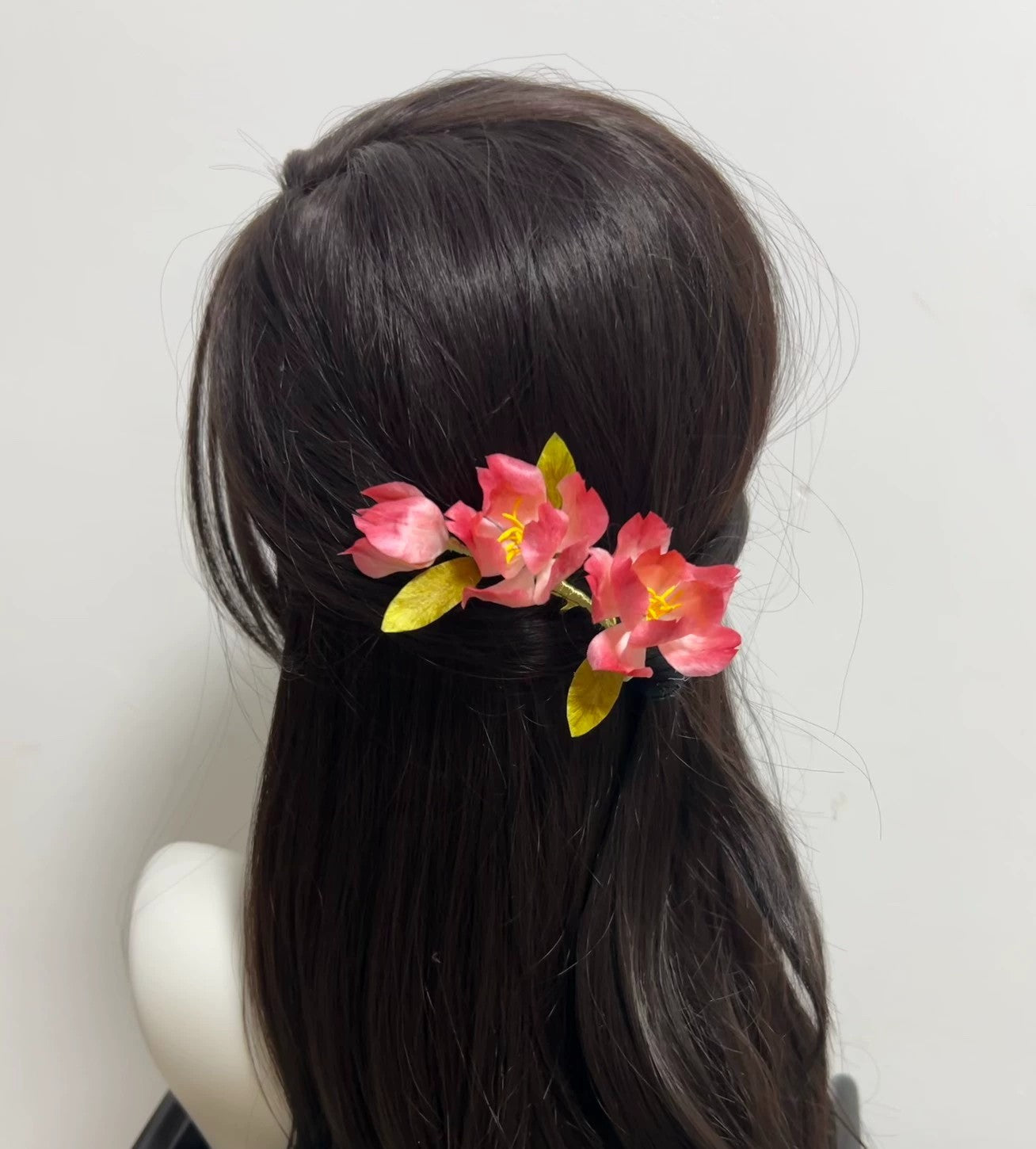 Luxury pink silk begonia Ronghua hair comb worn in dark hair, Chinese velvet flower bridal hair accessory side view