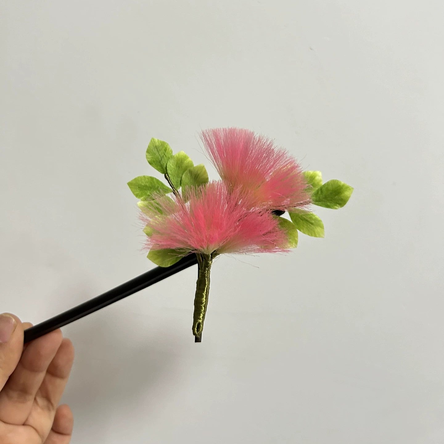 Handmade Ronghua Silk Albizia Flower Hairpin - Pink Mimosa Velvet Flower Kanzashi Hairpin
