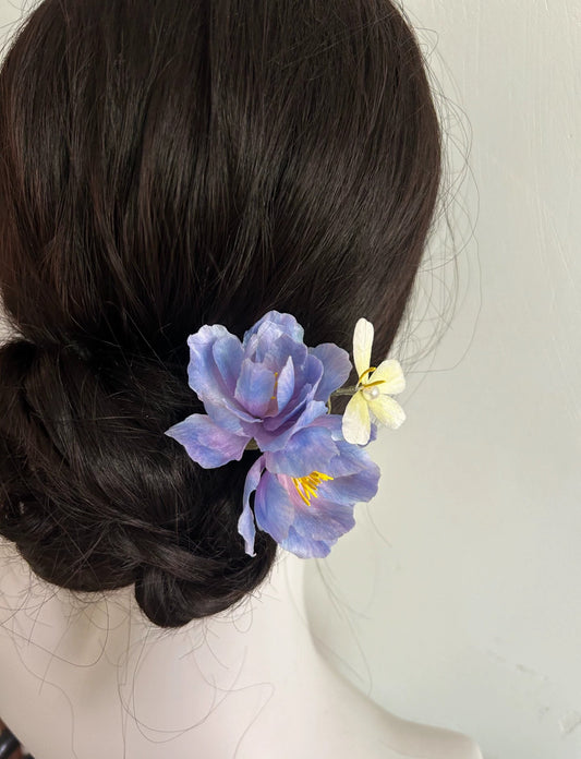 Handmade Ronghua blue-purple hibiscus mutabilis hairpin with natural mulberry silk thread worn in elegant dark hair updo