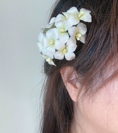 White velvet Ronghua hydrangea hair clip worn in elegant dark hair, soft natural side styling
