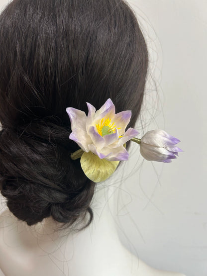 Handmade Ronghua Lotus Hairpin – Pale Purple & White Velvet Flower Hairpin