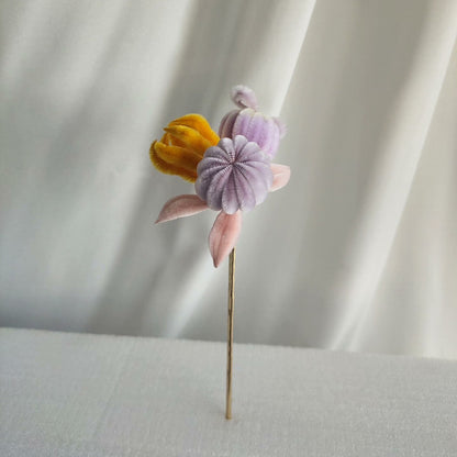 Handmade Ronghua San Duo Hairpin | Mulberry Silk Buddha's Hand Citron, Peach & Pomegranate for Wedding & Daily