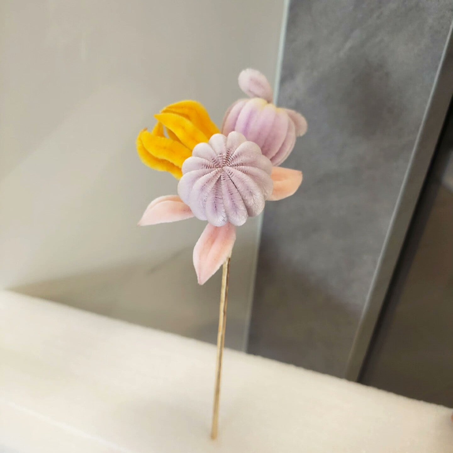 Handmade Ronghua San Duo hairpin with Buddha's hand citron, peach and pomegranate flowers in mulberry silk on gold stick