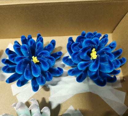 Handmade Ronghua Blue Chrysanthemum U-Shaped Hair Pin | Mulberry Silk Velvet Flower Hairpin