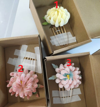 Handmade Ronghua Pink-Blue Chrysanthemum Hair Comb | Mulberry Silk Velvet Flower Hair Accessory