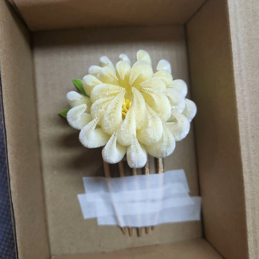 Handmade Ronghua Pink-Blue Chrysanthemum Hair Comb | Mulberry Silk Velvet Flower Hair Accessory