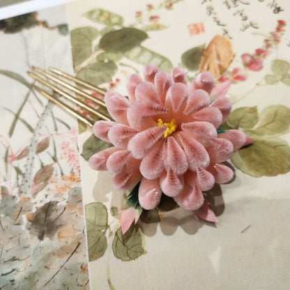 Handmade Ronghua Pink Spider Chrysanthemum Hairpin | Mulberry Silk Velvet Flower Headwear