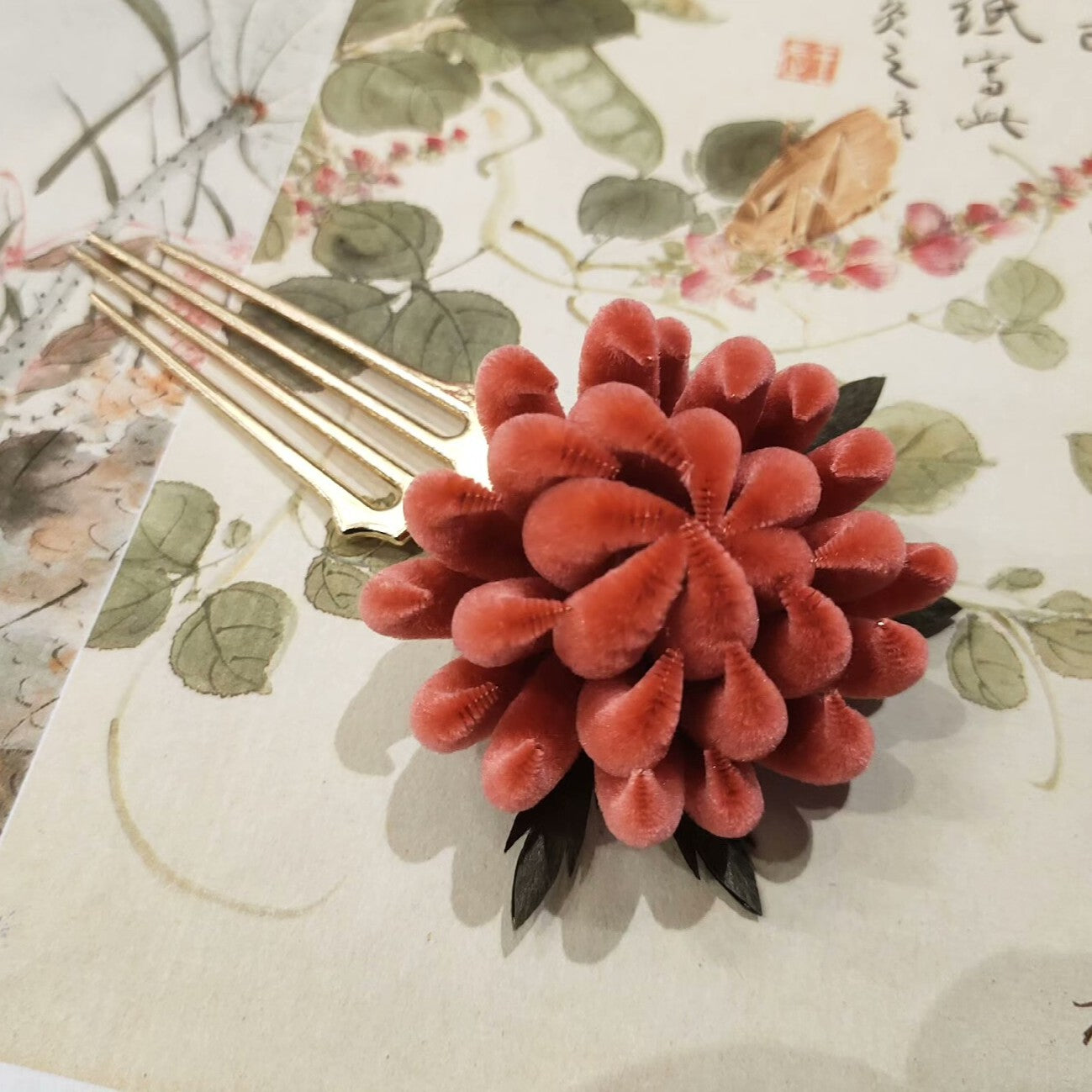 Handmade Ronghua Pink Spider Chrysanthemum Hairpin | Mulberry Silk Velvet Flower Headwear