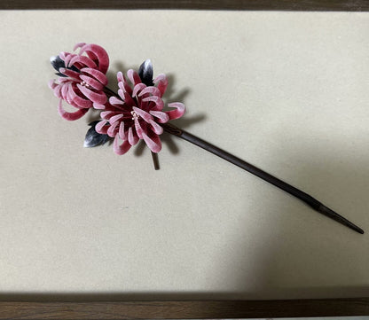 Handmade Ronghua Double-Head Red Chrysanthemum Hairpin | Mulberry Silk Velvet Flower Wooden Headwear
