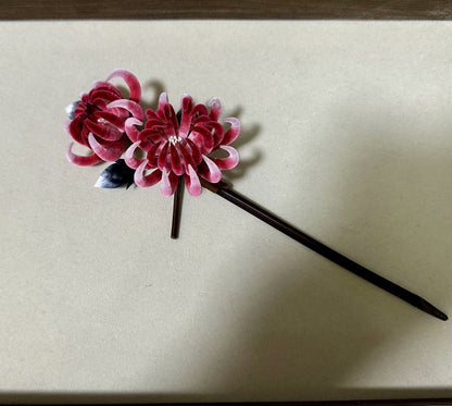Handmade Ronghua Double-Head Red Chrysanthemum Hairpin | Mulberry Silk Velvet Flower Wooden Headwear